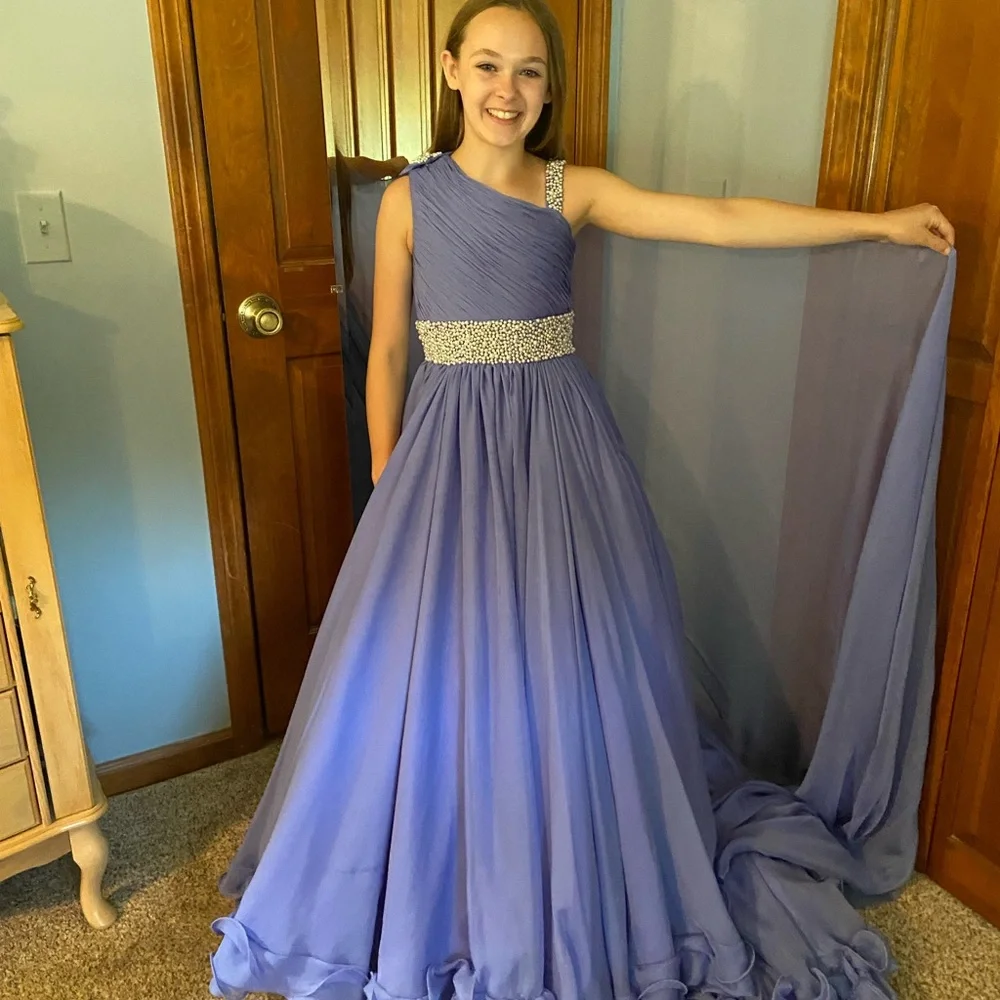 Morgan Jeff Pageant Dress in Periwinkle with Pearl and rhinestone detail - Picture 5 of 9